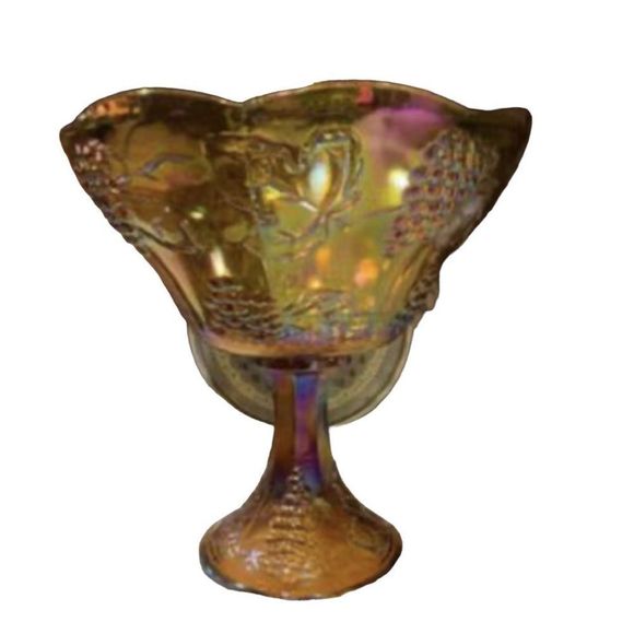 Indiana Glass Iridescent Marigold Scalloped Edge Compote Carnival Glass Circa 19 - Picture 9 of 9